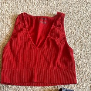 Red V-Neck Ribbed Women's Top